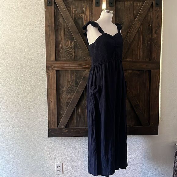 Boho Ruffle Strap Navy Jumpsuit With Pockets - Picture 4 of 13